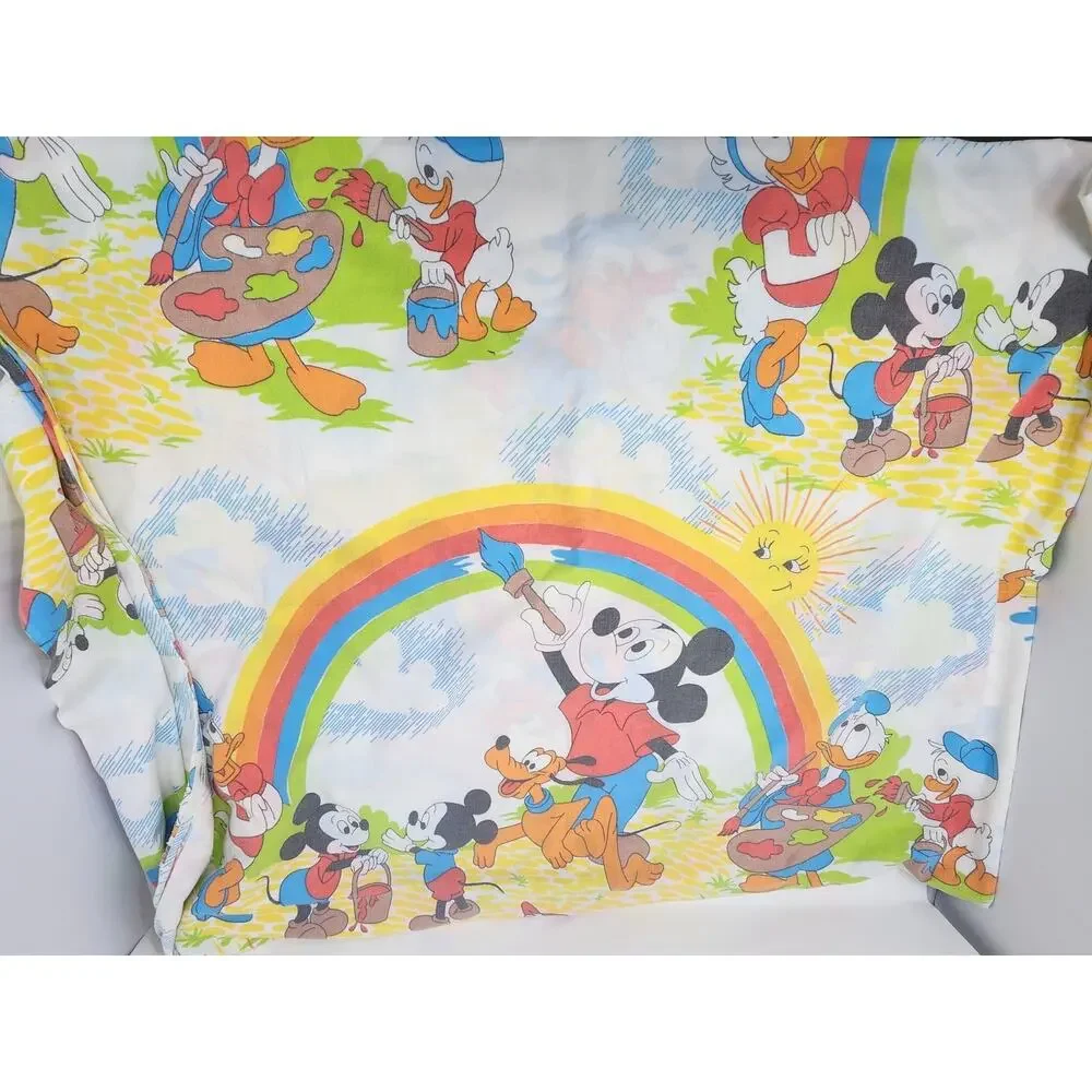 Vtg Mickey Mouse Twin Sheet Set Donald Duck Pluto Painting Rainbow 3pc Disney